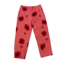 Vintage Outfit JPR Coral Red 100% Linen Floral Embroidery Linen White Pants 12